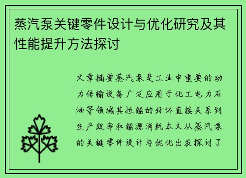 蒸汽泵关键零件设计与优化研究及其性能提升方法探讨
